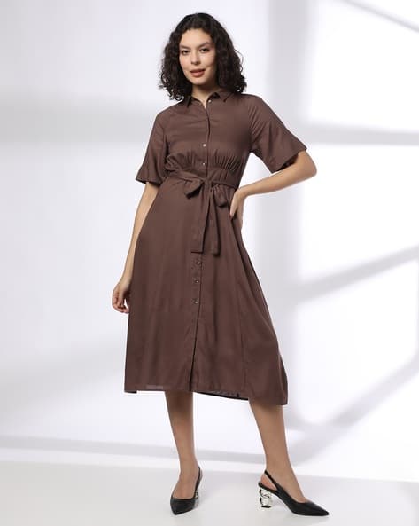 Women Shirt Dress with Tie-Up Belt