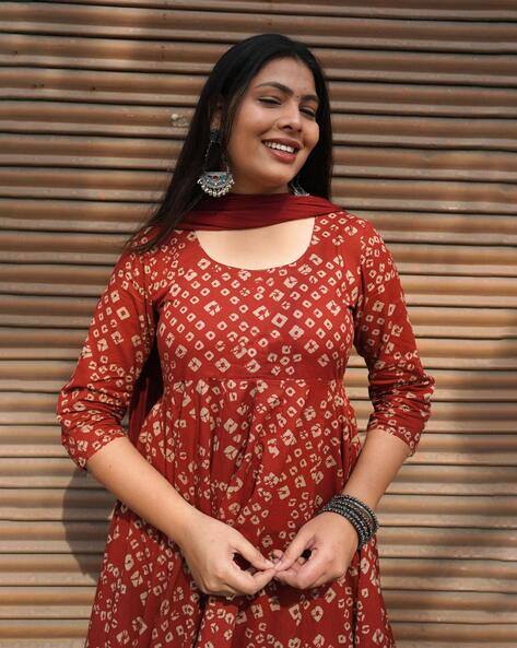 GOSRIKI Women Bandhani Anarkali Kurta Suit Set