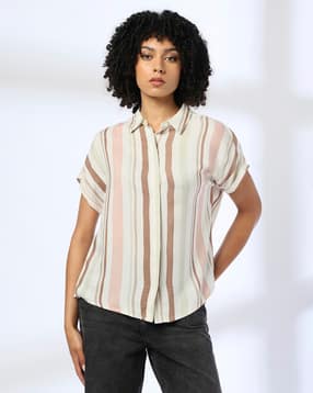 Women Striped Relaxed Fit Shirt with Extended Sleeves