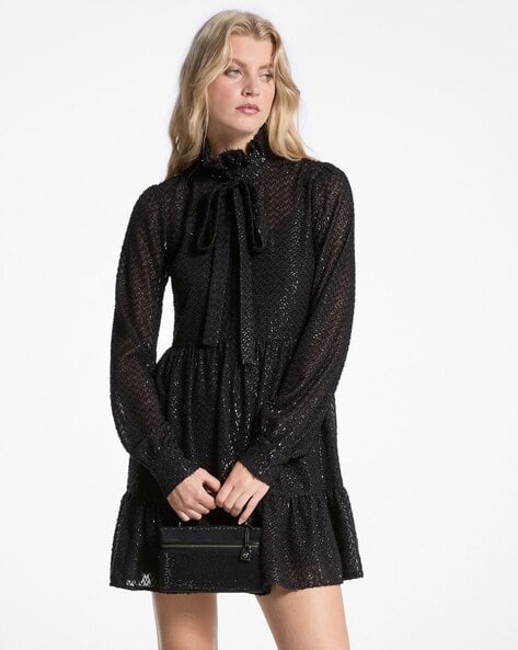 Buy Michael Kors Metallic Clip Jacquard Tie-Neck Dress | Black Color Women | AJIO LUXE Buy Michael Kors Metallic Clip Jacquard Tie-Neck Dress | Black Color Women | AJIO LUXE