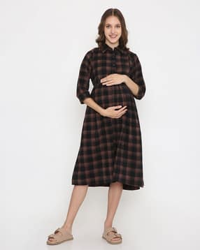 nightspree Women Checked Maternity Shirt Dress-picture-5