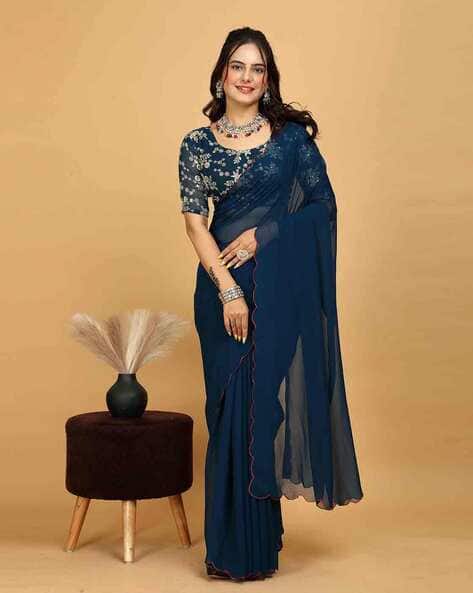 Shatayu Women Georgette Saree with Scalloped Border