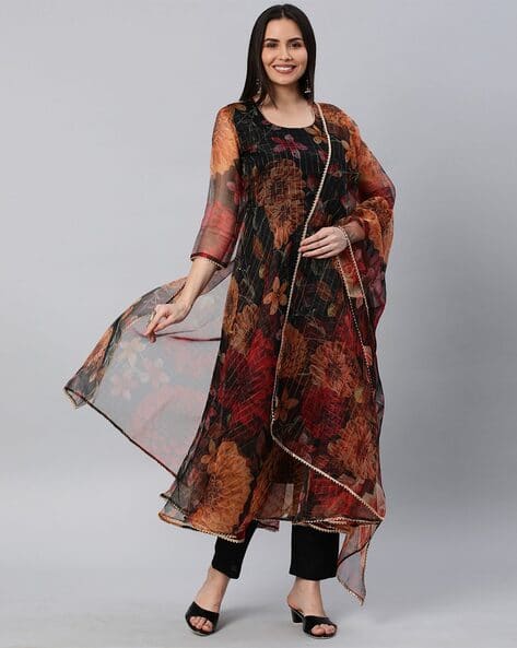 ANNI DESIGNER Women Floral Print Anarkali Kurta Set with Dupatta