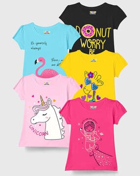 kuchipoo Girls Pack of 5 Graphic Print Relaxed Fit Crew-Neck T-Shirts-picture-30