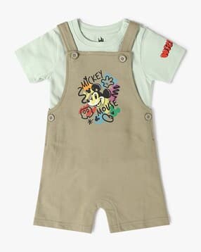 Girls Mickey Mouse Print T-Shirt & Dungaree Set