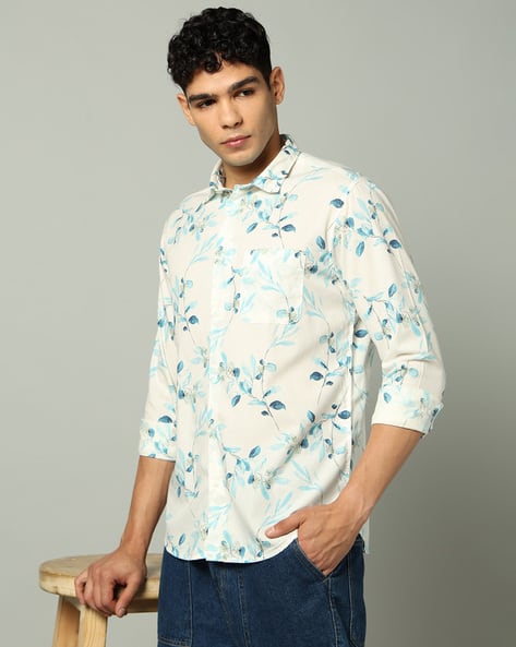 INDIAN TERRAIN Men Leaf Print Slim Fit Shirt with Patch Pocket
