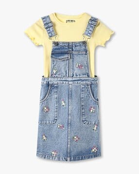 Girls Round-Neck T-Shirt & Denim Dungarees Set