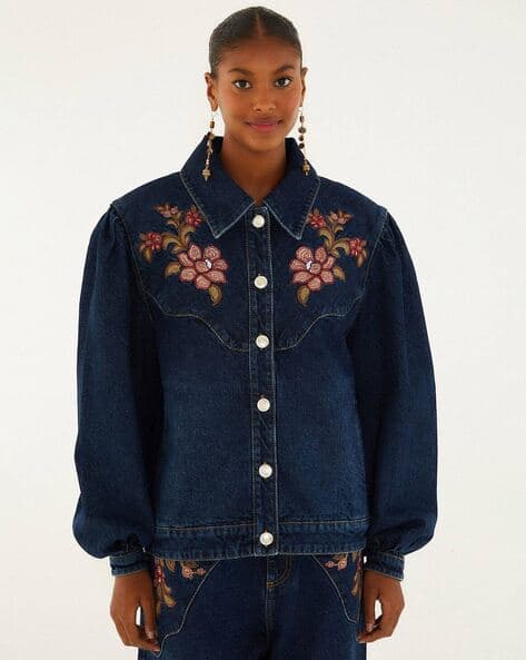 Buy FARM RIO Floral Embroidered Relaxed Fit Denim Jacket