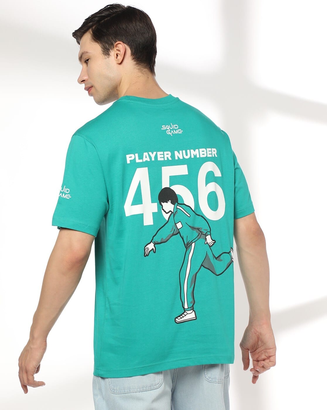 DNMX Men Squid Game Print Relaxed Fit Crew-Neck T-Shirt For Men (Aqua, XL)