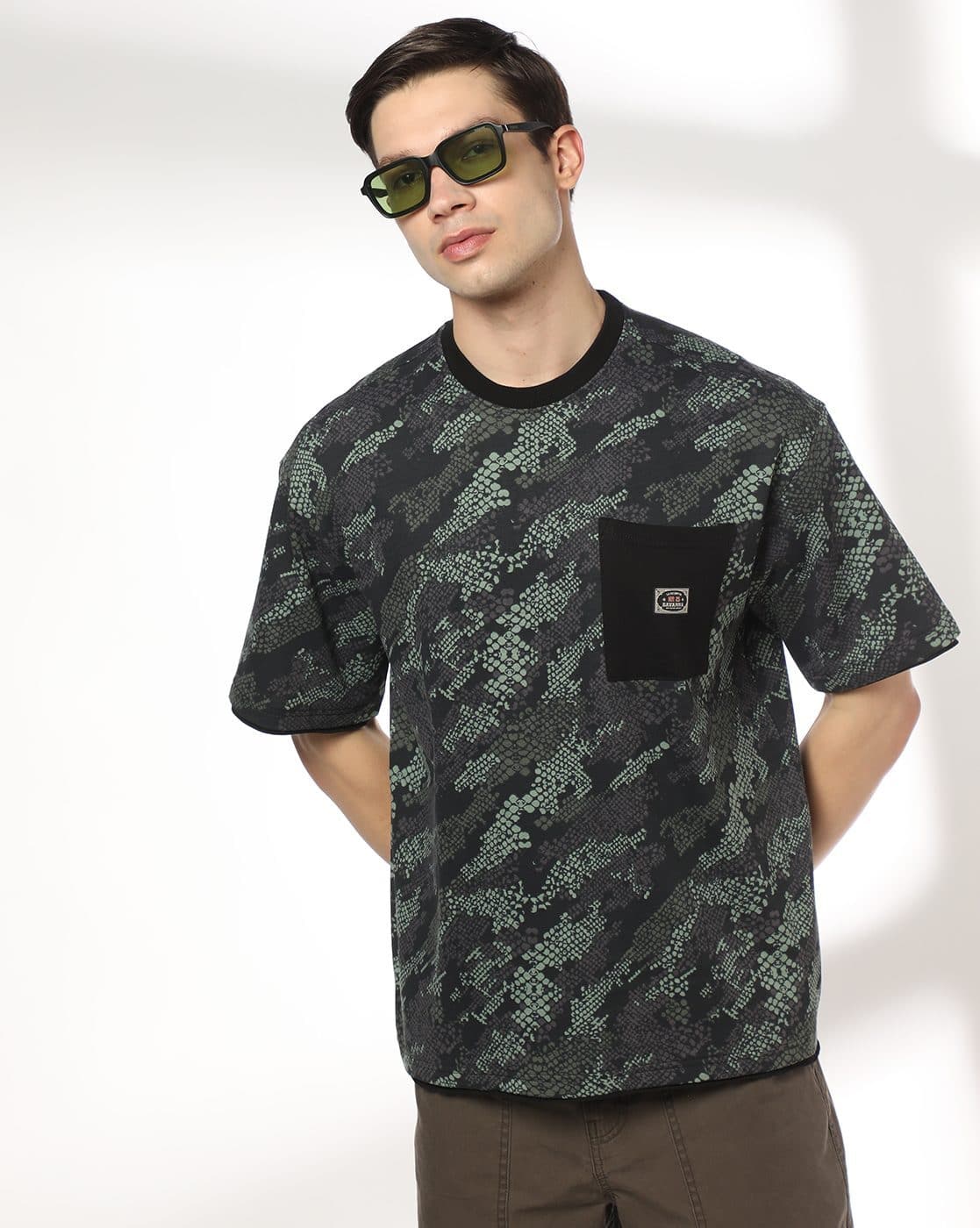 DNMX Men Camouflage Print Boxy Fit Crew-Neck T-Shirt For Men (Olive, L)