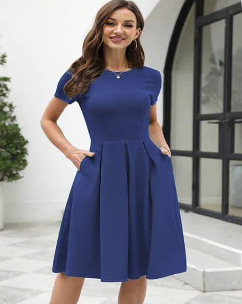 slim fit dress slacks Navy Blue Stripes Fit & Flare Dress For Women  Perfect Blend Of Comfort &  Style