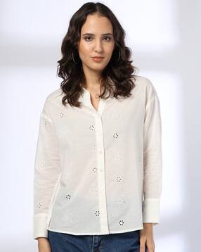 Women Schiffli Embroidered Relaxed Fit Cotton Shirt