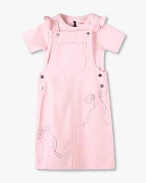 Girls Bow Print Regular Fit T-Shirt & Dungaree Set