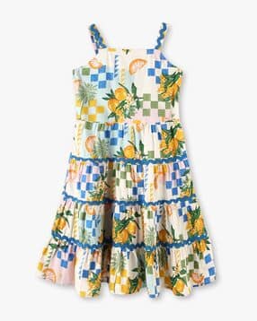 Girls Printed Strappy Cotton Tiered Dress