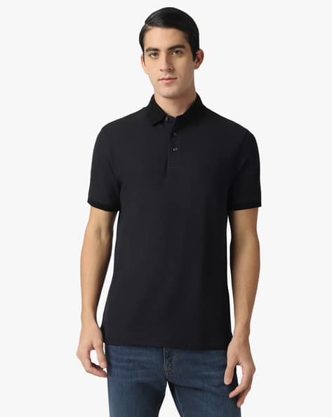 Contrasting Knit Trim Regular Fit Cotton Pique Polo T-Shirt