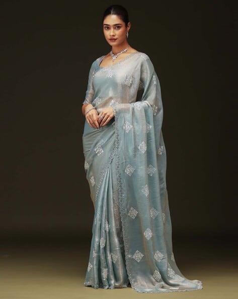Ri-wah Women Embellished Saree with Scalloped Hem