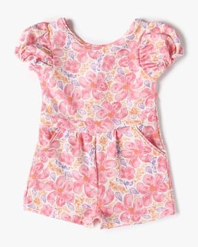 Infant Girls Floral Print Round-Neck Dungaree