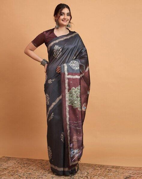 Ri-wah Women Motif Design Mirror Work Saree with Blouse Piece