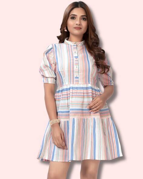LEIA Women Striped Tiered Dress with Short Sleeves