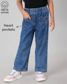 Girls Relaxed Fit Jeans with Heart Patch Pockets