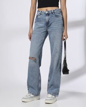 Women Mid-Wash Distressed Flared Jeans