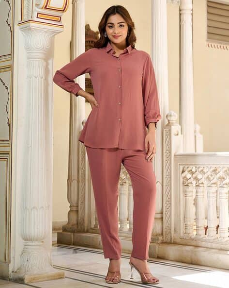 VIBE VISION Women 2-Piece Co-Ord Set with Spread Collar