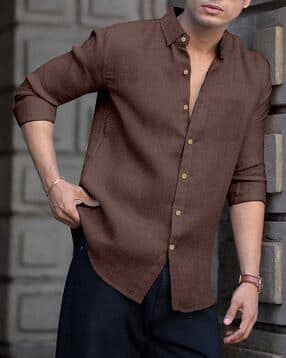 Men Regular Fit Shirt with Spread Collar