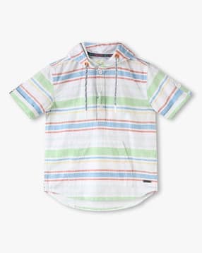 Boys Striped Regular Fit Hooded Shirt with Insert Pockets