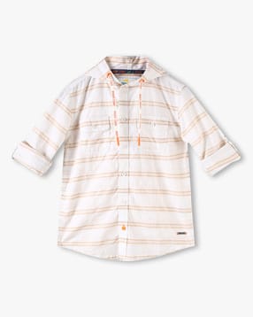 Boys Striped Regular Fit Hooded Shirt with Flap Pockets