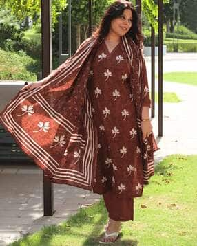 Women Leaf Print Straight Kurta Suit Set-image-44