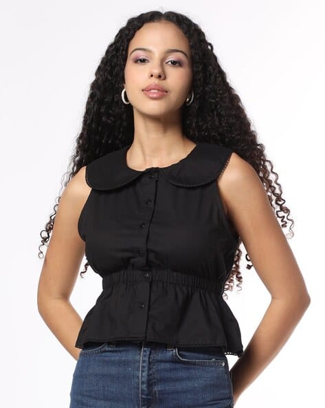 Buda Jeans Co Tailored Fit Peplum Top with Peter-Pan Collar