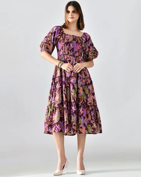 Royal Taylor Women Knee Length  Printed Tiered Dress