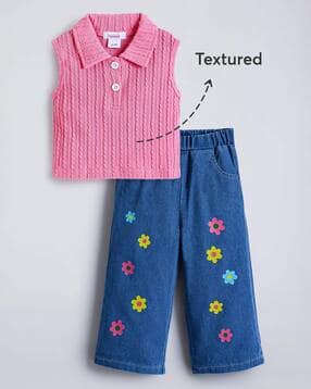 hopscotch Girls Patterned Top & Floral Print Jeans Set-picture-19