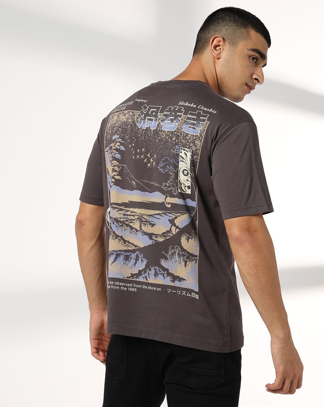 DNMX Men Graphic Print Relaxed Fit Crew-Neck T-Shirt For Men (Grey, XL)