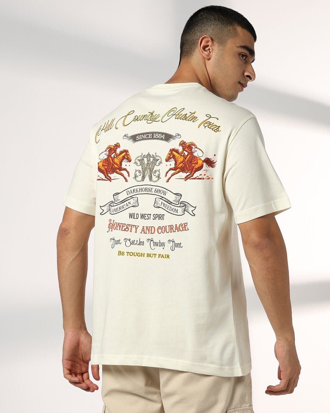 DNMX Men Hill Country Print Relaxed Fit Crew-Neck T-Shirt For Men (Off-White, XL)