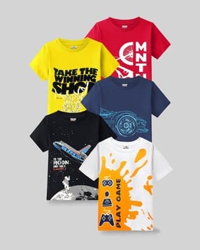 Boys Pack of 5 Graphic Print Relaxed Fit Crew-Neck T-Shirts 