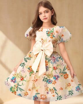 styleconnect Girls Floral Print A-Line Dress with Bow Accent -picture-12