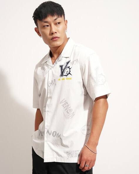 Super Store By Highlander Venom - Men White Grey Printed Cuban Collar Cotton Relaxed Shirt