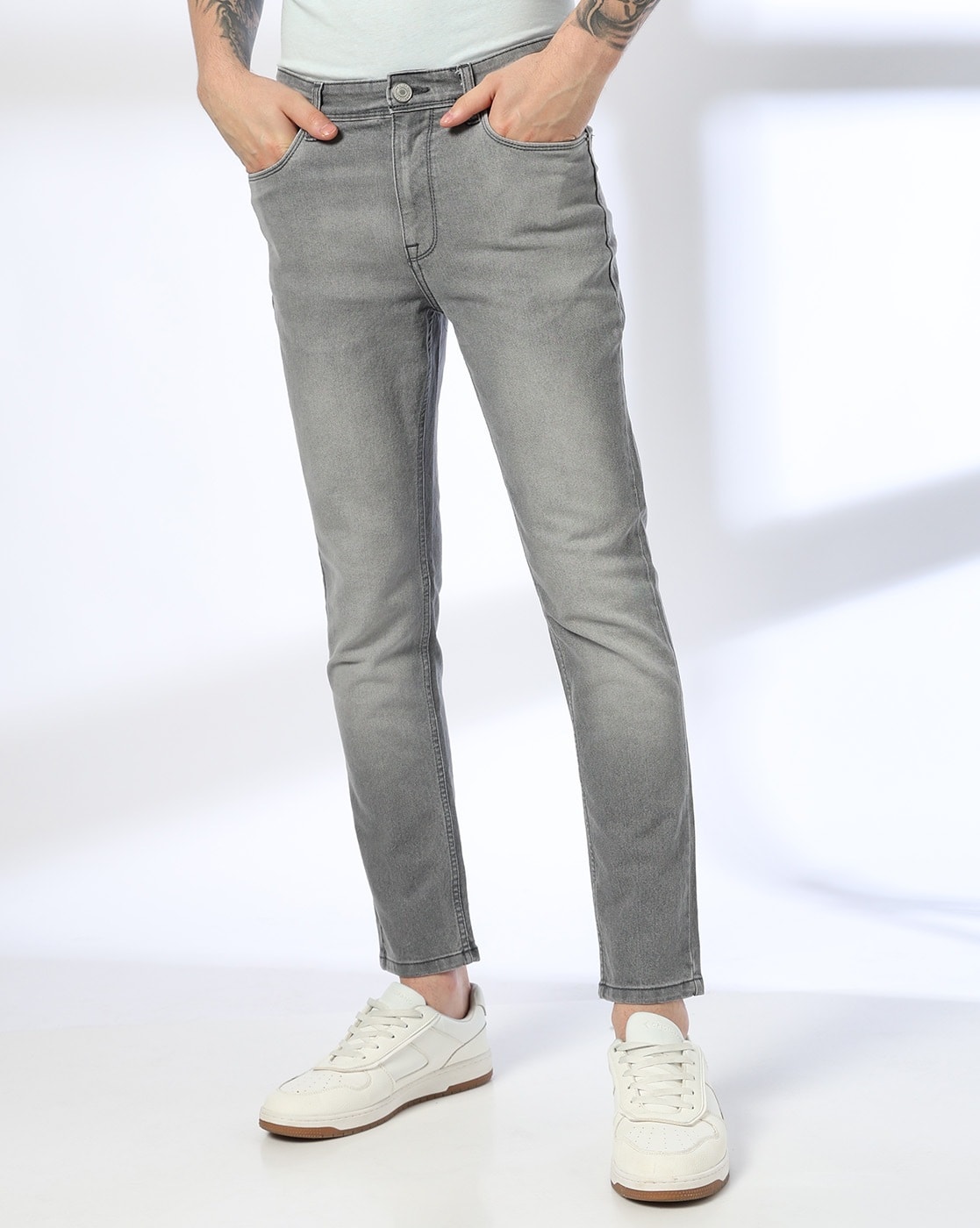 DNMX Men Lightly Washed Slim Fit Jeans For Men (Grey, 32)