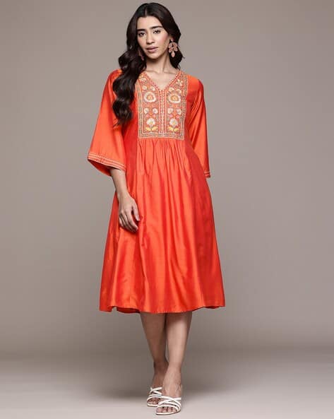open lace back dress RI Ritu Kumar Fuchsia & Orange Embroidered Anarkali Suit Set – Saris and  Things main image 0