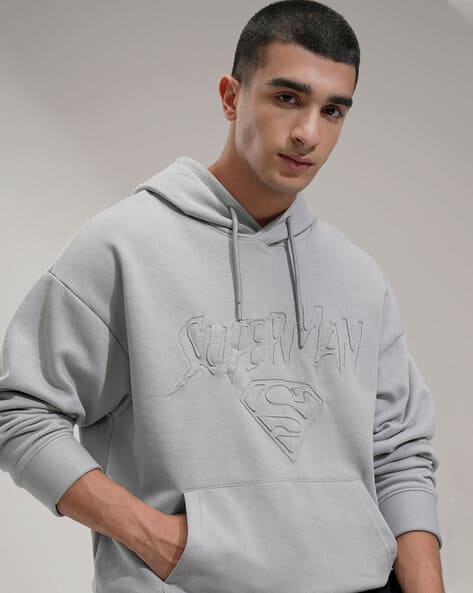 Super Store By Highlander Superman - Men Grey Oversized Drop Shoulder Hooded Sweatshirt