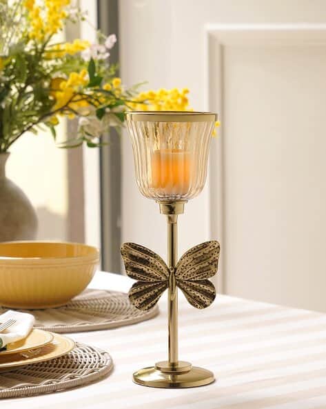 Pure Home And Living Gold & Glass Butterfly Inspired Candle Holder