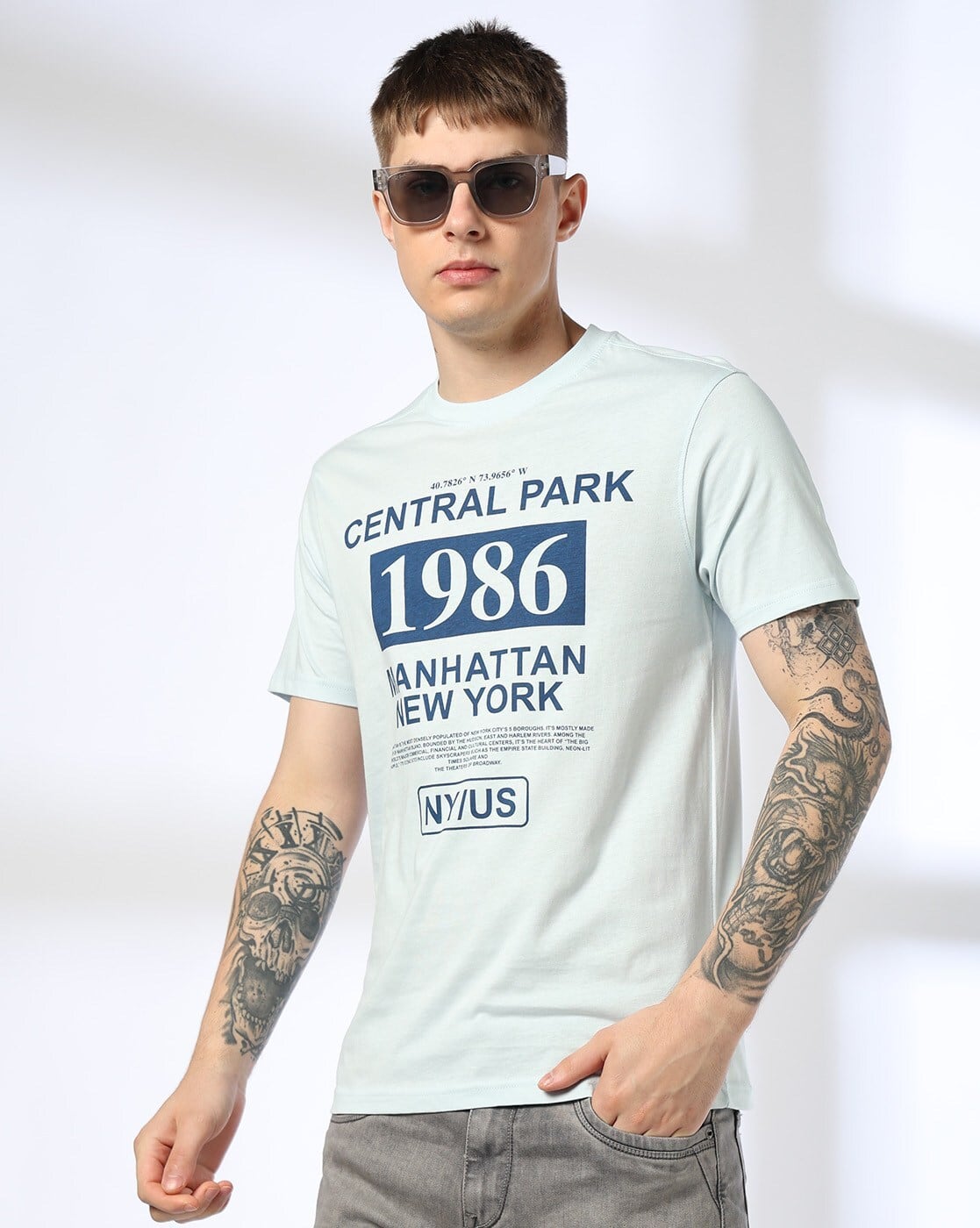 DNMX Men Typographic Print Regular Fit Crew-Neck T-Shirt For Men (Blue, L)