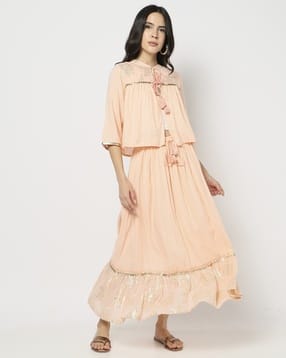 Women Paneled Flared Skirt with Drawstring Waist