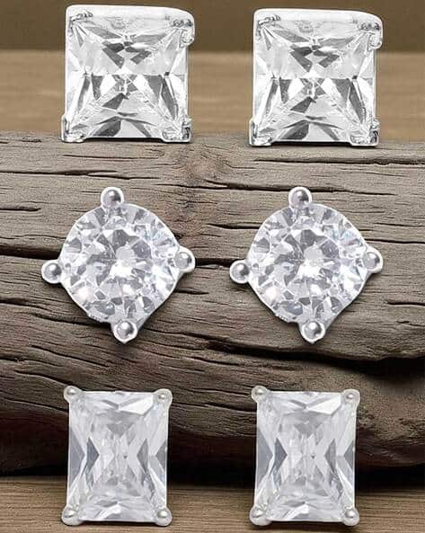 Oomph Men Set of 3 Silver-Plated Cubic Zirconia-Studded Studs