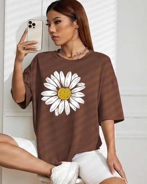 Buda Jeans Co Women Floral Print Oversized Fit Round-Neck T-Shirt