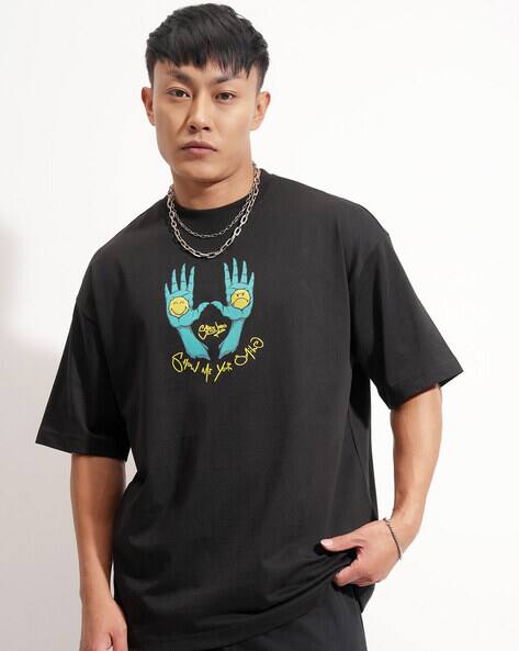 Super Store By Highlander Smiley - Highlander Viacom Smiley Men Black Oversized Dropshoulder Round Neck Tshirt