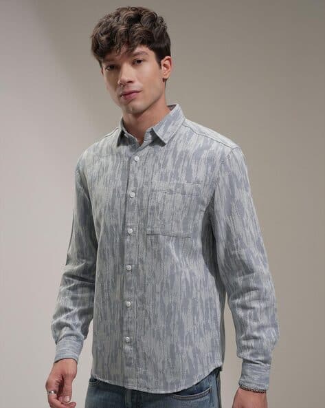 ESPYR By Highlander Highlander Men Blue Dobby Structured Jacquard Casual Relaxed Shirt