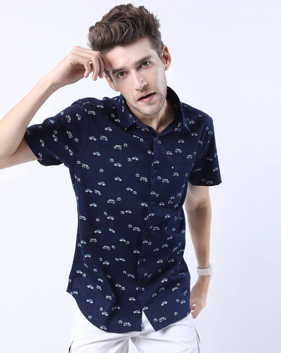 Men Navy Slim Fit Printed Slim Fit Shirt