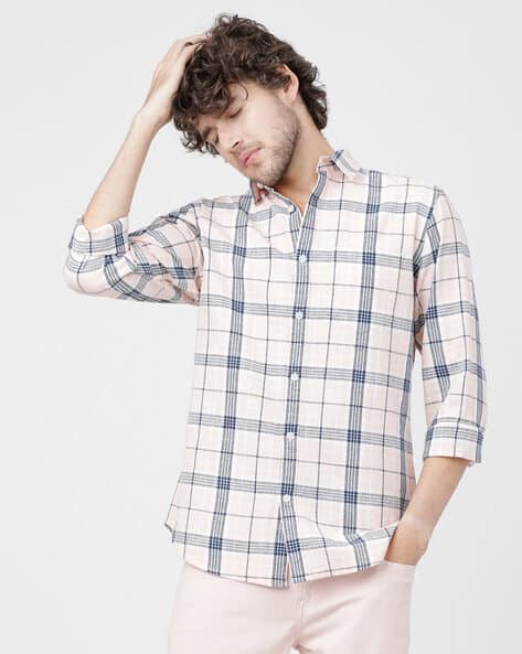 Men Navy Slim Fit Checked Cotton Linen Slim Fit Shirt